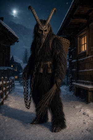 Gehoerntes, zottiges Krampus-Wesen mit Ketten und Rute auf verschneiter Dorfgasse bei Nacht.