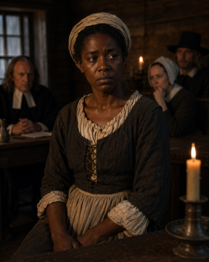 Nachdenkliche Frau in schlichter kolonialer Kleidung sitzt in einem dunklen Holzraum bei Kerzenlicht, die Stimmung ist angespannt und historisch, ohne Schrift oder moderne Gegenstaende.
