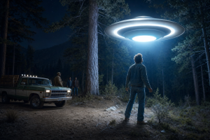 Naechtlicher Waldweg in Arizona mit einem Waldarbeiter vor einem hell leuchtenden scheibenfoermigen Objekt zwischen den Baeumen, ohne Schrift oder Logos.