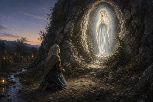 Junges Maedchen kniet vor einer leuchtenden weiblichen Lichtgestalt an einer Felsgrotte, dahinter Kerzen und betende Pilger in abendlicher Stimmung.