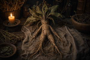 Eine menschenaehnlich gegabelte Wurzel liegt auf einem dunklen Holztisch zwischen Kraeutern, Stoff und schwachem Kerzenlicht.