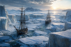Zwei historische Holzschiffe fahren zwischen riesigen arktischen Eisschollen unter tiefem Himmel und kaltem Licht, ohne Text oder moderne Elemente.