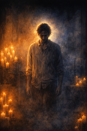 Eine Person steht in einem halbdunklen Raum zwischen warmem Kerzenlicht und kaltem Schatten, die Haltung angespannt, aber ohne Gewalt oder Horror, keine Schrift im Bild.