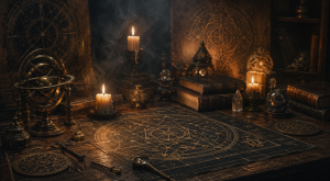 Ein dunkler Gelehrtentisch mit Kerzen, alten Buechern, astrologischen Instrumenten und geometrischen Symbolzeichnungen vermittelt die Atmosphaere verborgenen Wissens.