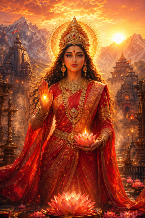 Erhabene goettliche Frauengestalt mit strahlendem Lichtkreis, rotem Gewand und Tempelarchitektur vor Berglandschaft, ohne Schrift oder moderne Elemente.