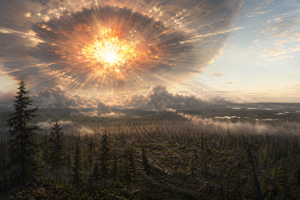 Gewaltiger heller Feuerball ueber der sibirischen Taiga mit Druckwelle, geknickten Baumkronen und morgendlichem Himmel, ohne Schrift oder Logos.