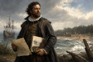 Ein englischer Kolonialverwalter und Maler mit Karte, Pinsel und lockerem Mantel vor einer angedeuteten Kueste, ohne Schrift oder moderne Elemente.