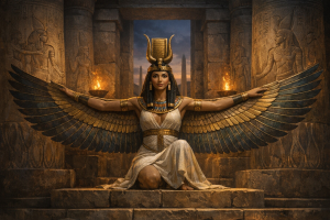 Isis mit Thronkrone und ausgebreiteten Schwingen in einem altaegyptischen Tempel bei Daemmerlicht.