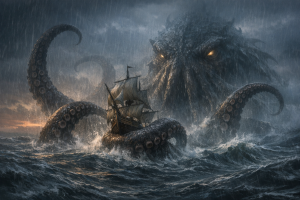 Ein gewaltiger Kraken erhebt sich aus einem stuermischen Meer und umschlingt ein Segelschiff, ohne Schrift oder moderne Gegenstaende.