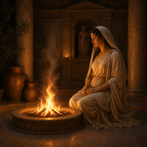 Eine ruhige Goettin sitzt oder steht nahe einem brennenden Herd in einem warm erleuchteten Innenraum.
