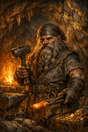 Bartiger Zwergenschmied in einer unterirdischen Halle vor glimmender Esse und Goldadern im Fels, ohne Schrift oder Logos.