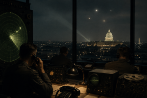 Ein Radarraum der 1950er Jahre mit Blick auf das beleuchtete Kapitol und mehrere helle Punkte ueber der Stadt, ohne Schrift oder Logos.