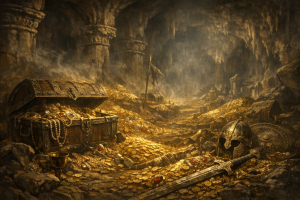 Ein gewaltiger Schatzhort in einer dunklen Steinhoehle mit Gold, Schmuck, Ruestungen und altem Waffenwerk, ohne Schrift oder moderne Gegenstaende.