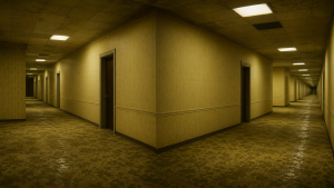 Ein leerer, gelblich beleuchteter Innenflur mit Teppichboden, mehreren Tueren und leicht verzerrter Perspektive, ohne Personen, Schrift oder Logos.