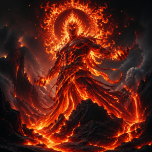 Ein feuriger Kami vor schwarzem Gestein und aufsteigendem Licht, umgeben von Funken und Lava ohne Schrift.