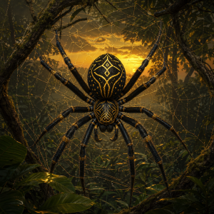 Eine grosse dunkle Spinne mit wachem Blick sitzt zwischen goldenen Faeden in einem tropischen Wald, waehrend im Hintergrund ein warmes Abendlicht durch die Blaetter faellt.