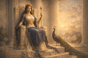Eine thronende Goettin mit Diadem und Pfau sitzt vor marmorner Tempelarchitektur im goldenen Licht.