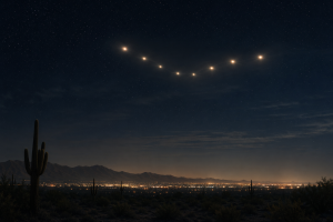 Naechtlicher Himmel ueber der Wueste Arizonas mit einer grossen V-foermigen Lichterformation ueber Bergen und den Lichtern einer Stadt, ohne Schrift oder Logos.
