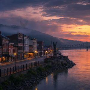 Eine amerikanische Flussstadt bei Sonnenuntergang mit Promenade, alten Fassaden, einer Bruecke am Horizont und einem dezenten Mothman-Anklang im Dunst.
