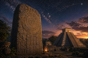 Steinerne Maya-Stele mit Kalenderglyphen vor einer Tempelpyramide unter Sternenhimmel ohne Schrift oder Logos.