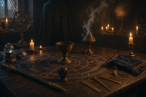 Dunkler ritueller Tisch mit Kerzen, Kreislinien, Kelch und symbolischen Werkzeugen in atmosphaerischem Licht ohne Schrift.