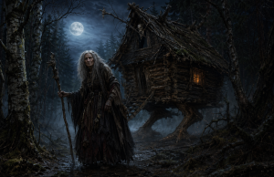 Unheimliche alte Frau vor einer Huette auf Huehnerbeinen in einem duesteren Wald bei Nacht.