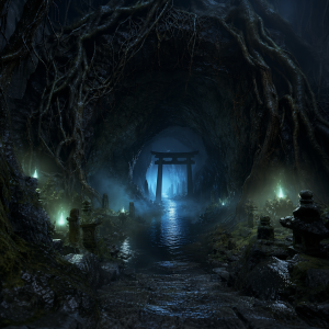 Ein dunkler unterirdischer Gang mit Torii-Silhouette, Nebel, blaeulichem Licht und feuchten Felsen als mythische Darstellung des Reiches der Toten in Japan, ohne Schrift oder Logos.