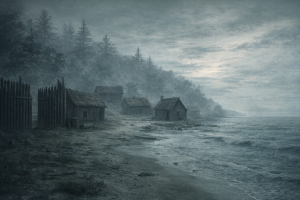 Eine verlassene Kolonialsiedlung mit Holzpalisade und niedrigen Huetten an einer nebligen Kueste, ohne Menschen oder Schrift.