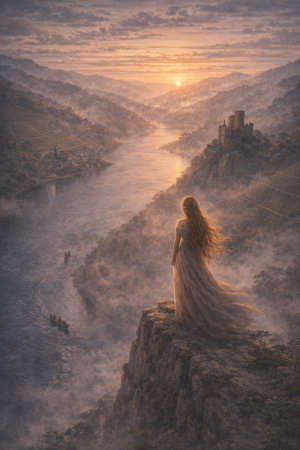 Eine Frau mit langem Haar auf einem Felsen ueber einem breiten Fluss in Nebel und Abendlicht, ohne Text oder moderne Gegenstaende.