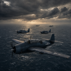 Mehrere militaerische Propellerflugzeuge fliegen bei einbrechender Daemmerung ueber einen unruhigen Atlantik, waehrend dunkle Wolken aufziehen und die Orientierung unsicher wirkt.