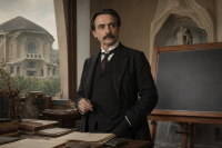 Ein historisch gekleideter Mann mit Bart und ernster Miene steht in einem warmen Studierzimmer vor Buechern und einem dunklen Tafelbereich, im Hintergrund ein organisch geformtes Gebaeude ohne Schrift.
