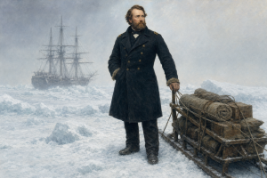 Britischer Polarforscher im dunklen Wintermantel auf Eis und Schnee mit Schlitten und weitem grauen Himmel, ohne Schrift oder moderne Gegenstaende.