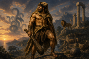 Ein kraftvoller antiker Held mit Loewenfell und Keule steht in einer felsigen Landschaft im warmen Abendlicht, umgeben von Ruinen und symbolischen Tiergestalten, ohne Schrift oder moderne Gegenstaende.