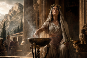 Eine antike griechische Orakelpriesterin mit Lorbeerkranz sitzt an einem Dreifuess und hebt die Hand in einem rauchenden Heiligtum von Delphi, umgeben von Saeulen, Bergen und warmem Licht.