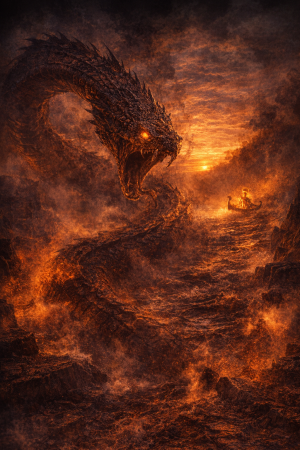 Gigantische dunkle Schlange im Kampf mit einer leuchtenden Sonnenbarke in einem feurigen Unterweltsraum.