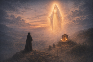 Helle weibliche Lichtgestalt auf einem Huegel bei Daemmerung, davor kniende Silhouetten in stiller Andacht, ohne Schrift oder Symbole.