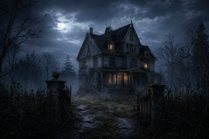 Altes verlassenes Landhaus bei Nacht mit schwachem Licht hinter einzelnen Fenstern, Nebel im Garten und unheimlicher Atmosphaere ohne Schrift oder Logos.