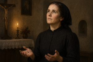 Eine ernst blickende Frau in dunkler Kleidung in einer schlichten Kapellenszene bei Kerzenlicht, mit dezent sichtbarem Wundmal an der Hand und stiller sakraler Atmosphaere.