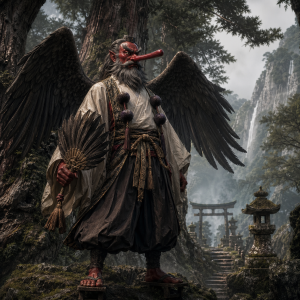 Ein roter Tengu mit langer Nase, Fluegeln und Yamabushi-Tracht steht zwischen Zedern im Bergnebel und haelt einen Faecher.
