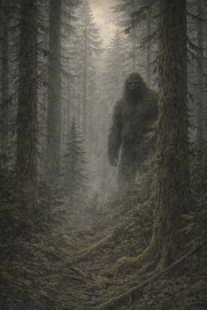 Ein grosser behaarter Zweibeiner steht halb verborgen zwischen naesslichem Nadelwald und Nebel, ohne Schrift oder moderne Gegenstaende.
