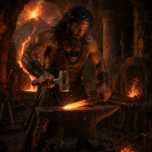 Hephaistos in einer rauchigen Schmiede, wie er mit Hammer und Zange gluehendes Metall am Amboss bearbeitet, ohne Schrift oder Logos.