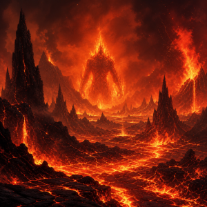 Eine feurige Urlandschaft mit gluestenden Felsen, aufsteigender Hitze und einem einsamen Feuergeist ohne Schrift oder Zeichen.