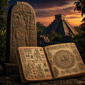 Eine Maya-Stela und ein aufgeschlagenes Codex-Buch mit Glyphen, Kalenderzeichen und Tempel im Abendlicht, ohne Text oder moderne Gegenstaende.