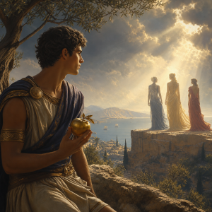 Ein antiker junger Prinz sitzt auf einem Felsen mit goldenem Apfel in der Hand, waehrend drei goettlich wirkende Frauengestalten im Licht gegenueberstehen; Meer und antike Kueste liegen im Hintergrund, ohne Schrift.