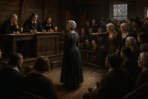 Duestere koloniale Gerichtsszene in Neuengland mit Richtertisch, beschuldigter Person und angespannter Zuschauermenge bei Kerzenlicht, ohne Schrift oder moderne Gegenstaende.