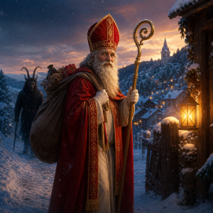 Eine winterliche Figur im bischoflichen Gewand mit rotem Mantel, Stab und Geschenkesack vor verschneiter Kulisse ohne Schrift.