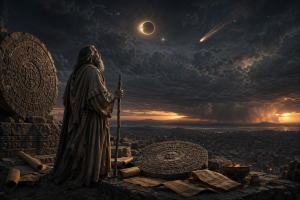 Eine prophetische Gestalt beobachtet vor einem bedrohlichen Himmel eine ferne Stadt und symbolische Kalendersteine ohne lesbare Schrift.