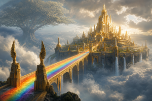 Goldene Goetterfestung auf Wolken, verbunden durch einen Regenbogen zur Welt, mit einem grossen Baum im Hintergrund und ohne Schrift.