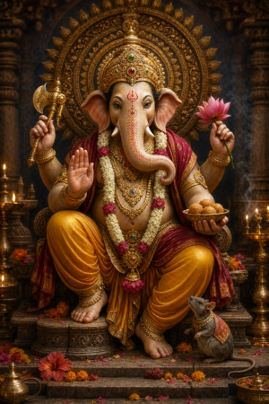 Ganesha als elefantenkoepfige hinduistische Gottheit mit ruhiger wuerdevoller Haltung, goldenen Ornamenten und ritueller Atmosphaere ohne Schrift oder Logos.