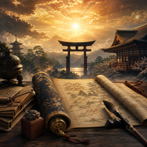 Japanische Hofchronik mit aufgeschlagenem Manuskript, Pinsel, Siegel, Schrein und sonnigem Himmel ohne Schrift.